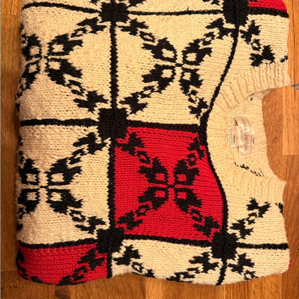 Hand Knit Vintage Red and Black Patterned Sweater